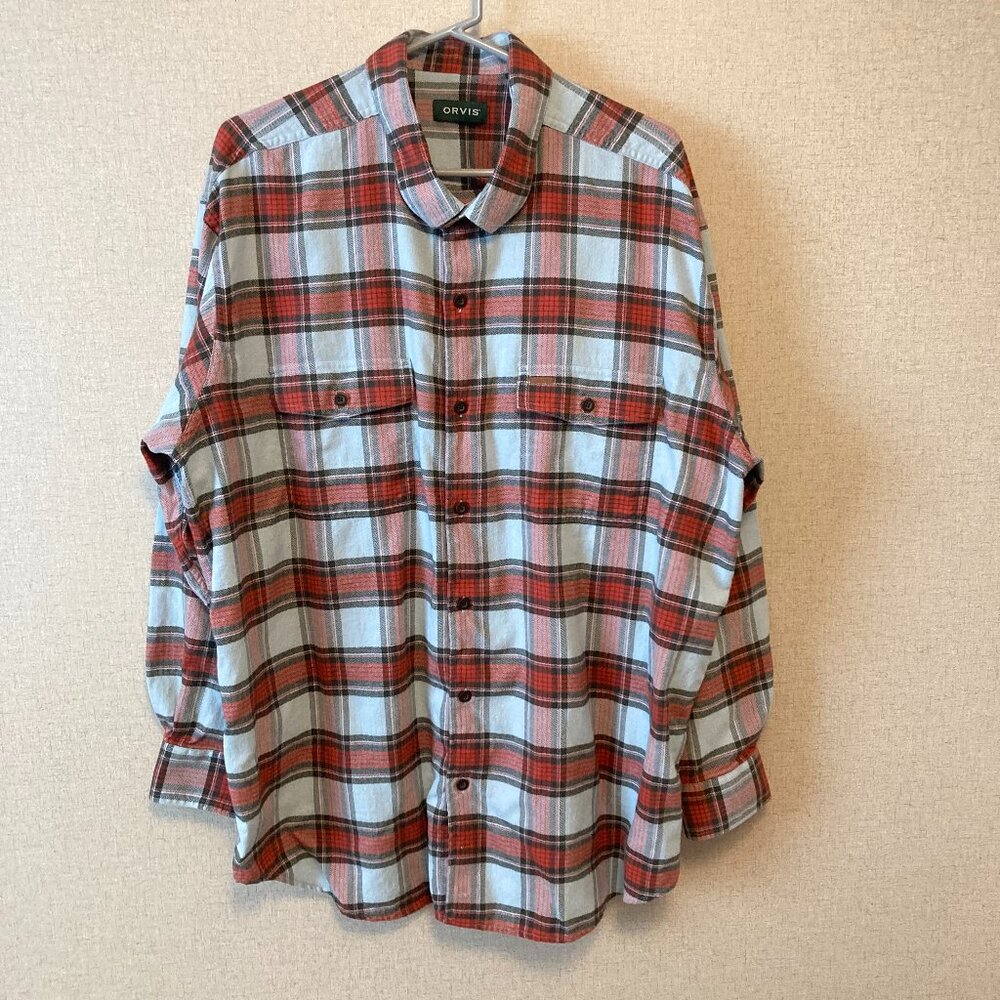 Orvis Men's Flannel Shirt XXL Red Gray Plaid Heavyweight Cotton